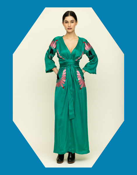Tallulah & Hope Aziza Long Embroidered Wrap Dress, Green (GREEN), large