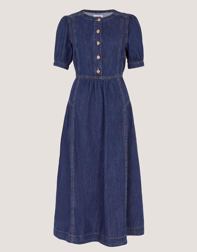 Eliza Puff Sleeve Denim Midi Dress, Blue (MID AUTHENTIC BLUE), large