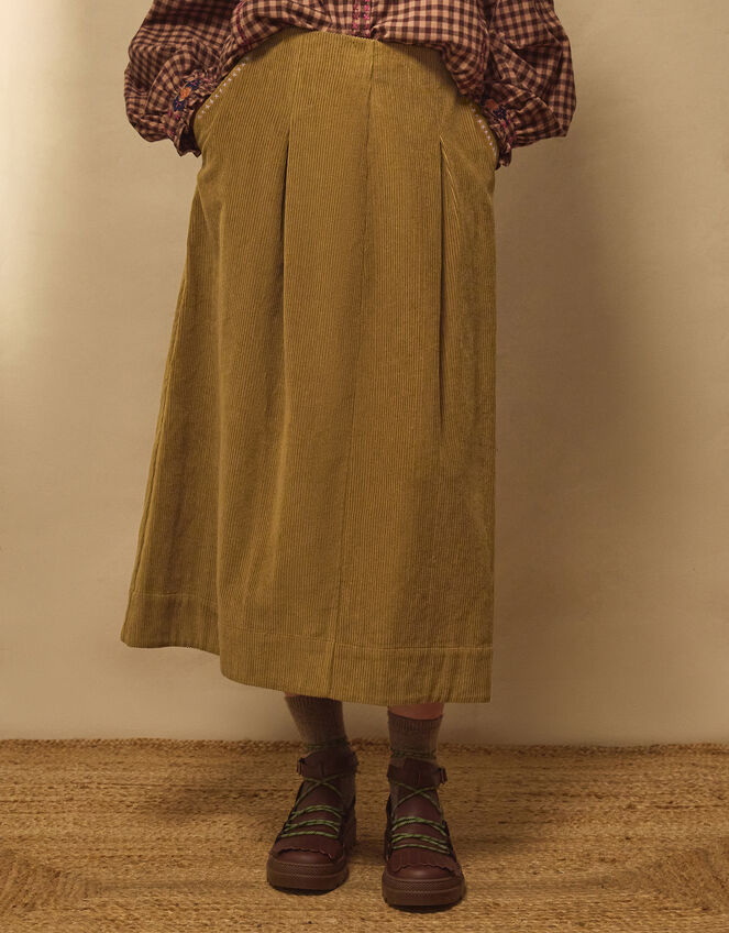 East Heema Cross Stitch Corduroy Midi Skirt, Green (OLIVE), large