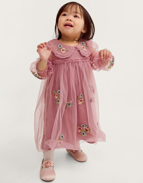 Baby Floral Embroidered Mesh Dress, Pink (PINK), large