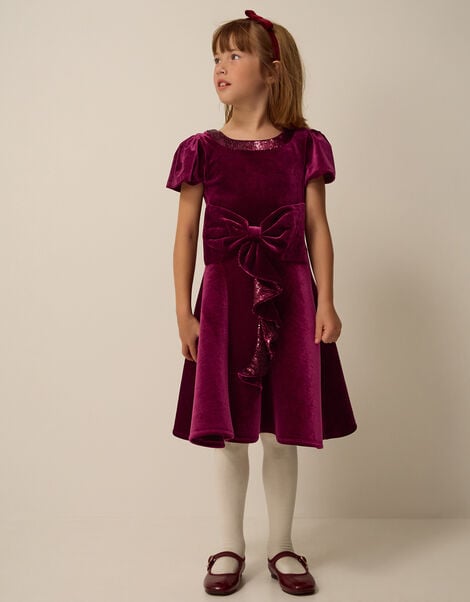 Genevieve Sequin Bow Velvet Party Dress, Red (BURGUNDY), large