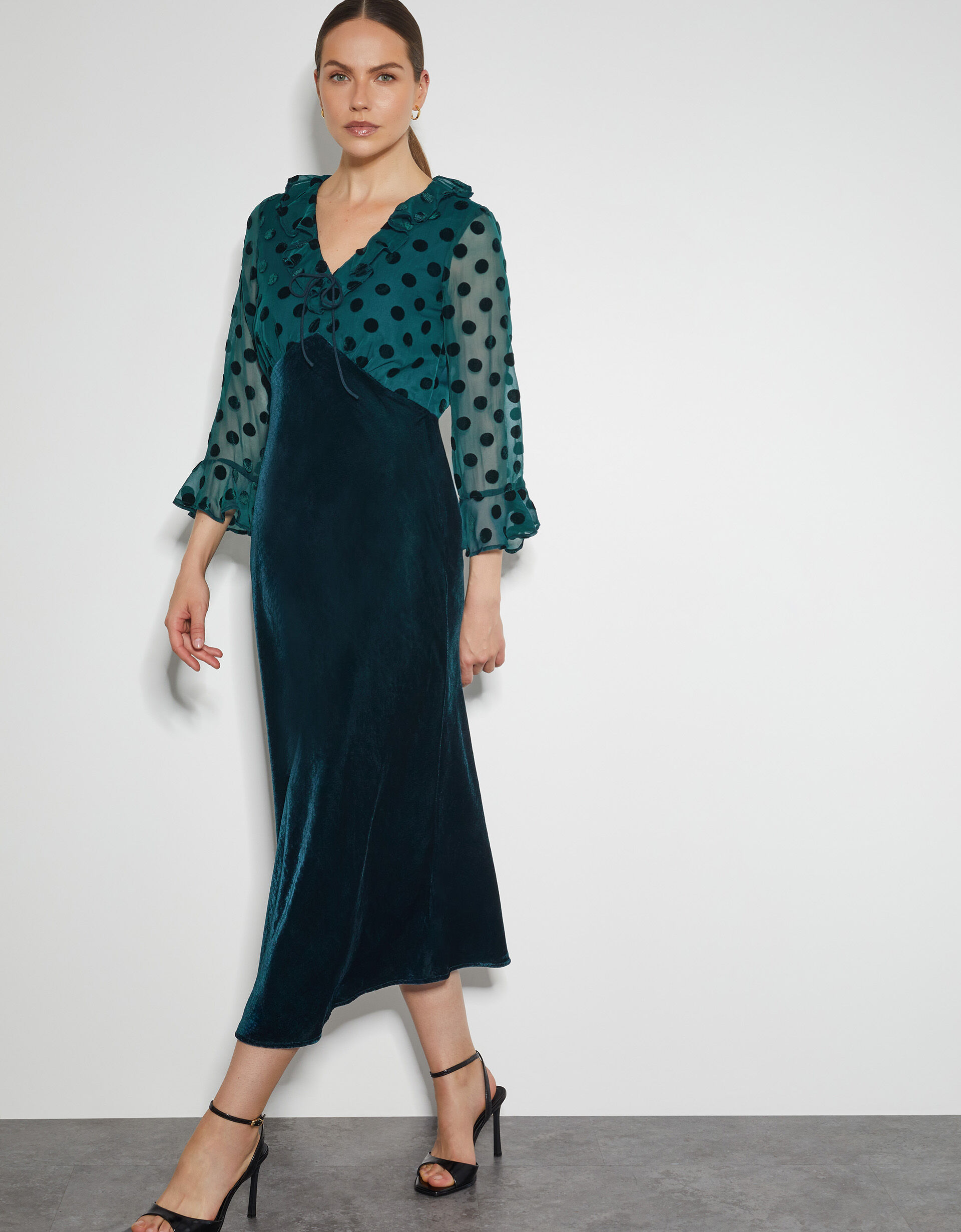 Dora Polka Dot Velvet Midi Dress Teal