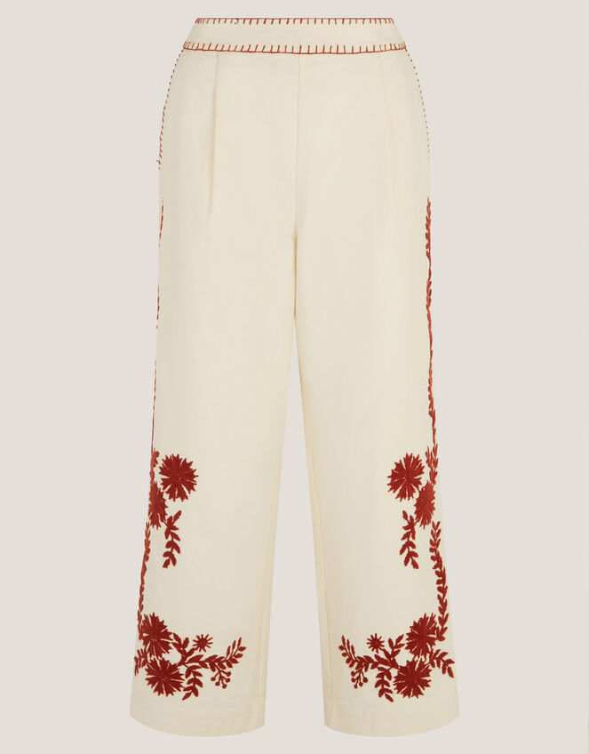 Emilia Floral Embroidered Pants, Ivory (IVORY), large