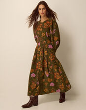 Princella Floral Corduroy Midi Dress, Green (GREEN), large