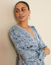 Ditsy Tea Dress in Recycled Polyester, Blue (BLUE), large