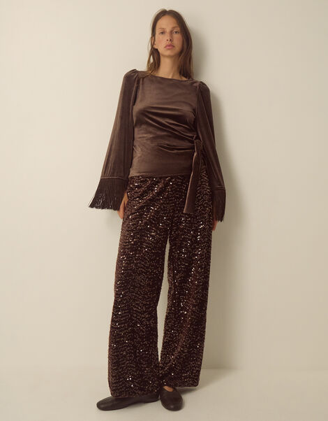 Samie Sequin Velvet Wide Leg Trousers, Brown (CHOCOLATE), large