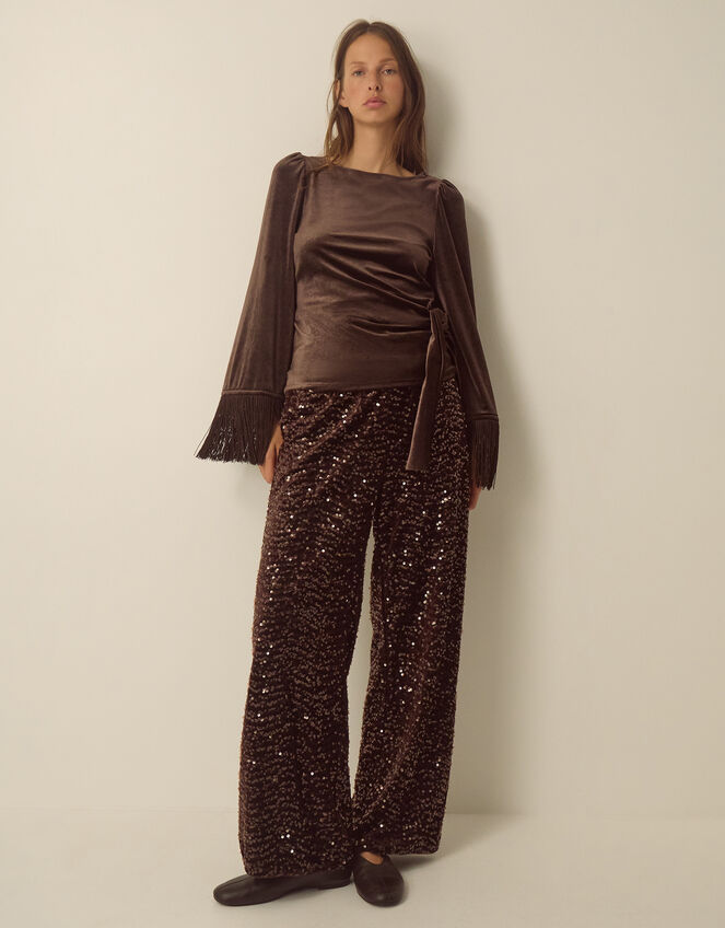 Samie Sequin Velvet Wide Leg Trousers, Brown (CHOCOLATE), large