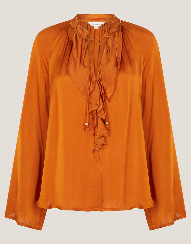 Arlette V-Neck Frill Satin Blouse, Copper (COPPER), large