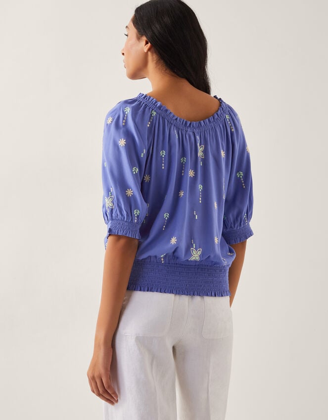 Emily Embroidered Puff-Sleeve Top, Blue (BLUE), large