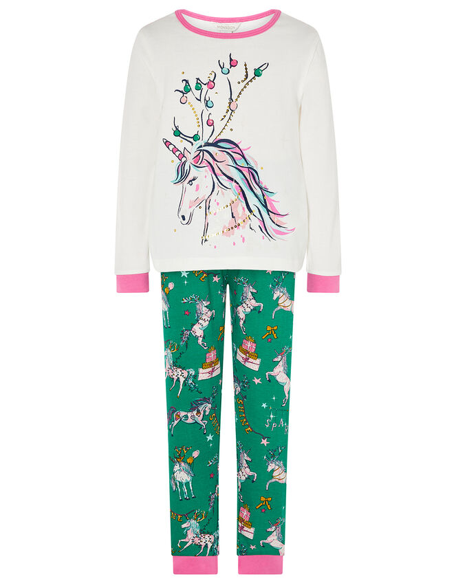 XMAS Sequin Unicorn Jersey Pyjama Set, Green (GREEN), large