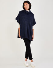 Cowl Neck Poncho, Blue (NAVY), large