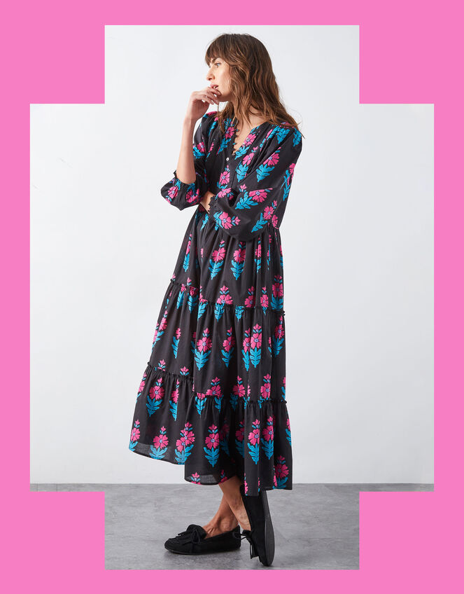 East Helena Woodblock Print Midi Dress, Black (BLACK), large