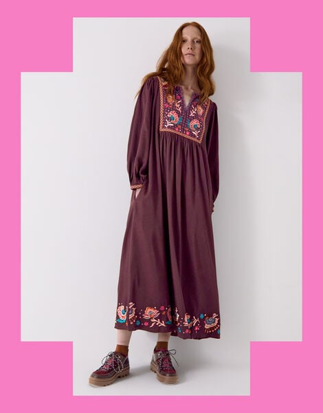 East Eliana Embroidered Long Sleeve Midi Dress, Brown (BROWN), large