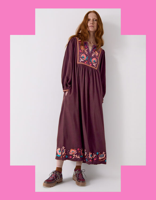 East Eliana Embroidered Long Sleeve Midi Dress, Brown (BROWN), large