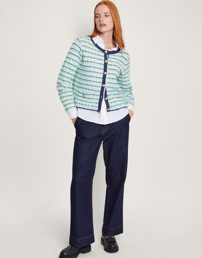 Round Neck Stripe Cardigan, Green (GREEN), large
