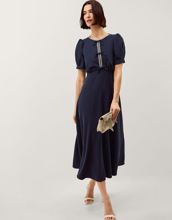  Bonnie Bow Puff Sleeve Midi Dress  , Blue (NAVY), large