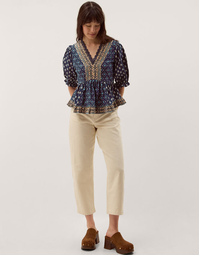 Stacee Puff Sleeve Print Jersey Top, Blue (NAVY), large