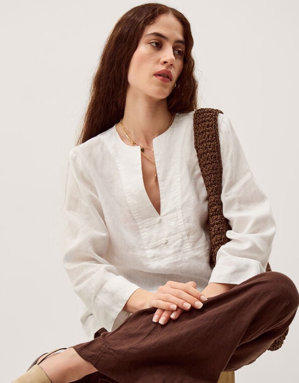Alexis Knot Button Linen Top, White (WHITE), large