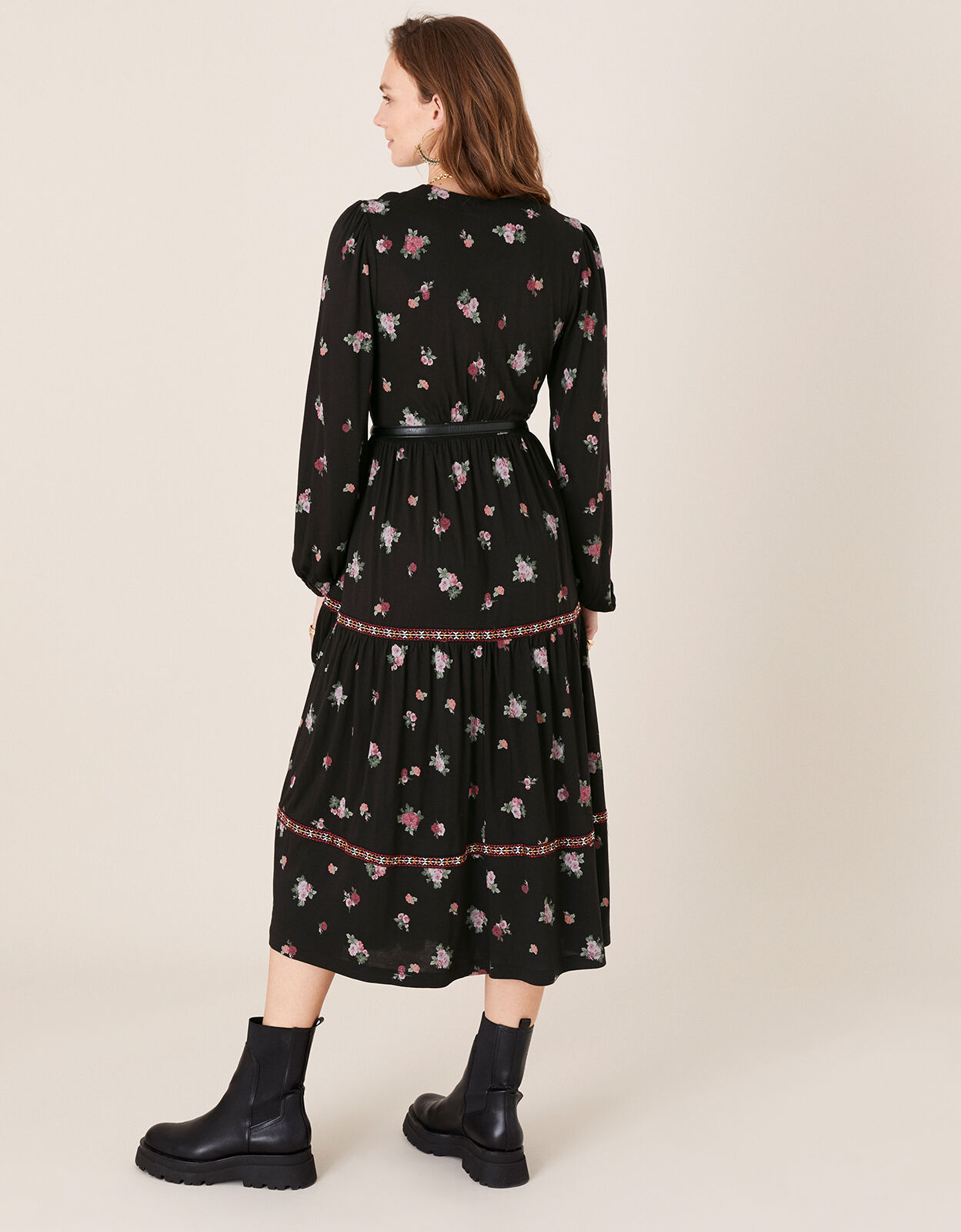 Embroidered Trim Floral Tiered Dress Black