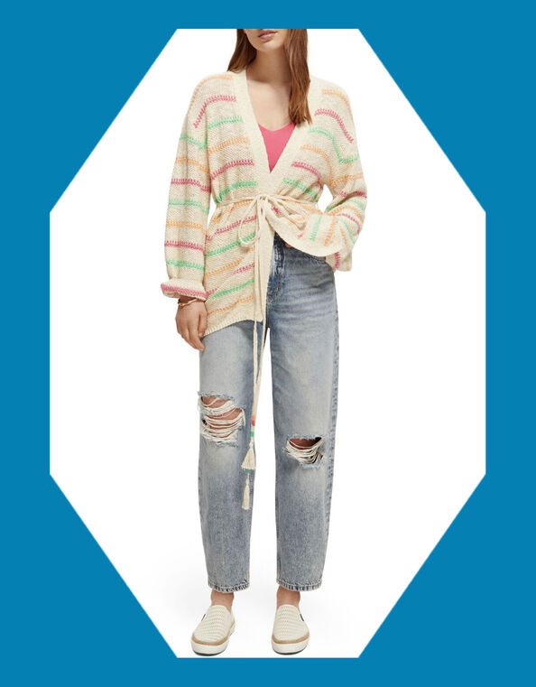 Scotch and Soda Stripe Tie Waist Cardigan, Natural (NATURAL), large