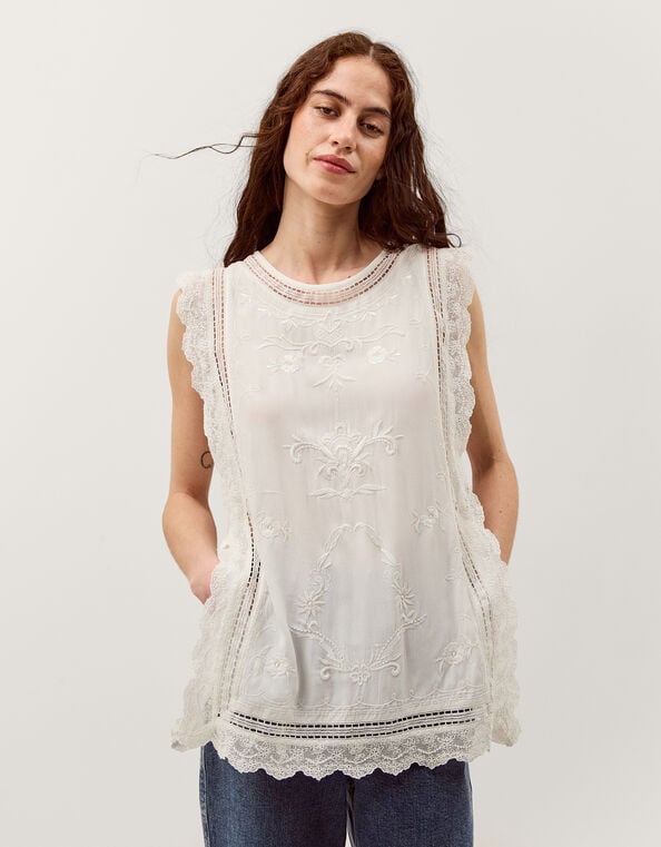 Taylor Sleeveless Embroidered Lace Top, White (WHITE), large