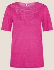 Embroidered Detail Jersey Linen T-Shirt, Pink (PINK), large