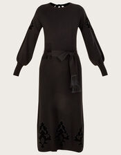 Velvet Applique Cut-Out Midi Dress, Black (BLACK), large