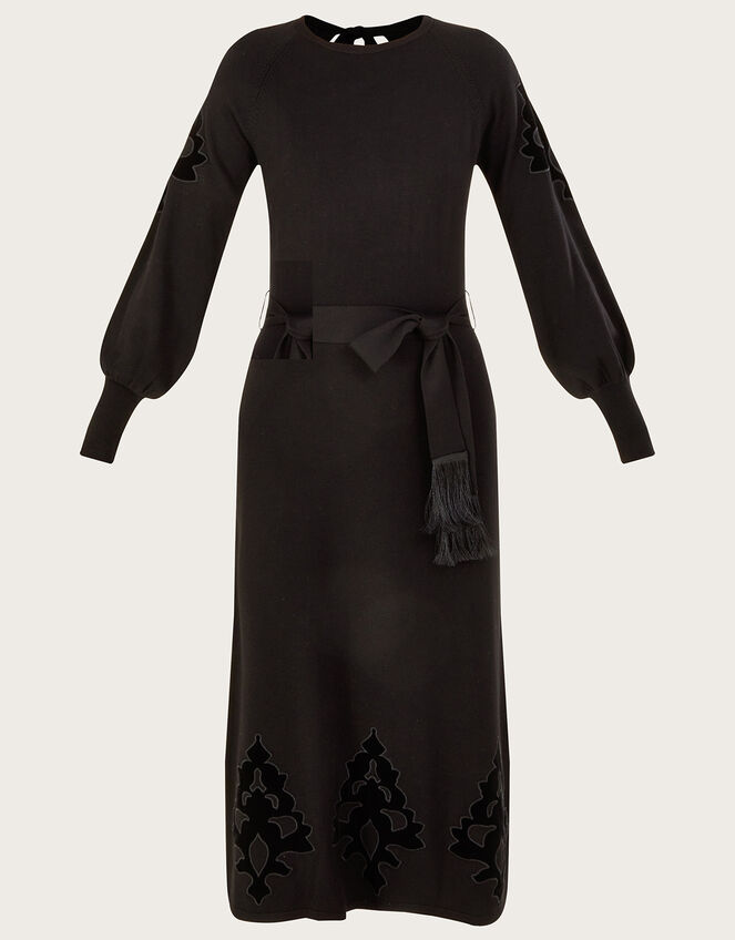 Velvet Applique Cut-Out Midi Dress, Black (BLACK), large