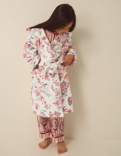 Floral Print Fleece Dressing Gown, Cream (CREAM), large