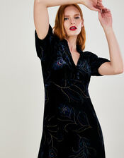 Fleur Feather Print Velvet Midi Dress	, Black (BLACK), large