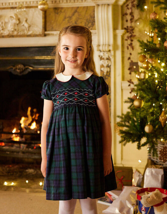 Trotters Tartan Charlotte Short Sleeve Smocked Dress, Blue (NAVY), large