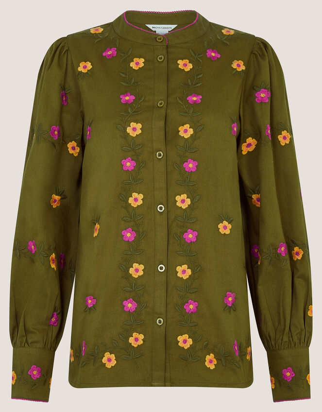 Andrea Floral Embroidered Blouse, Green (KHAKI), large
