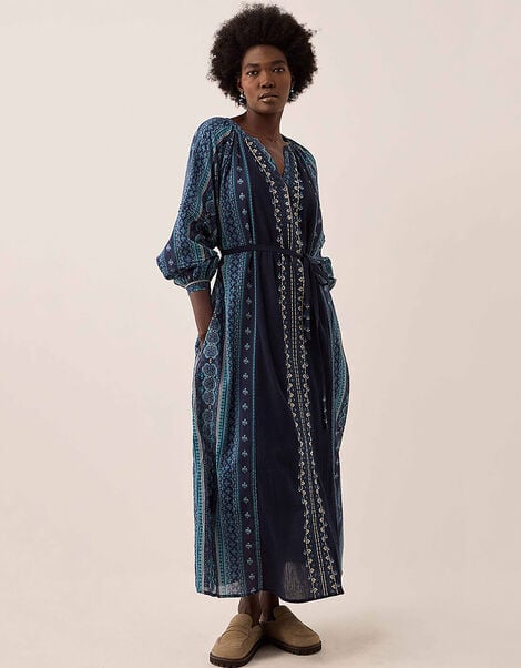 East Gabriette Geometric Print Embroidered Dress, Blue (BLUE), large