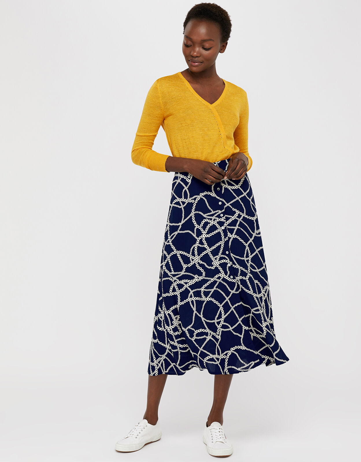 Daisy Chain Print Midi Skirt Blue Skirts Monsoon US