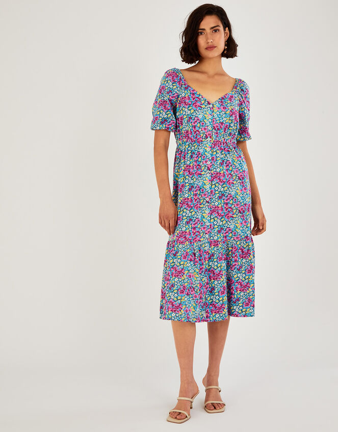 Lottie Floral Jersey Midi Dress in Sustainable Cotton, Blue (BLUE), large