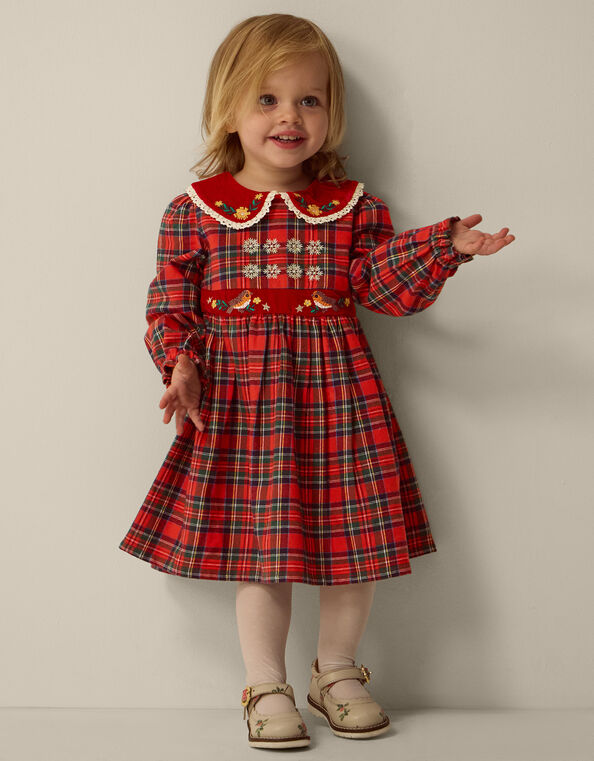 Baby Robin Tartan Print Christmas Dress, Red (RED), large