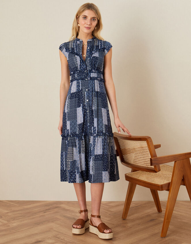 Patchwork Print Midi Dress, Blue (NAVY), large