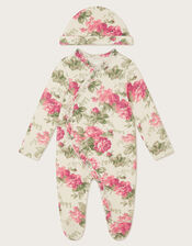 Newborn Betsy Floral Sleepsuit and Hat, Ivory (IVORY), large
