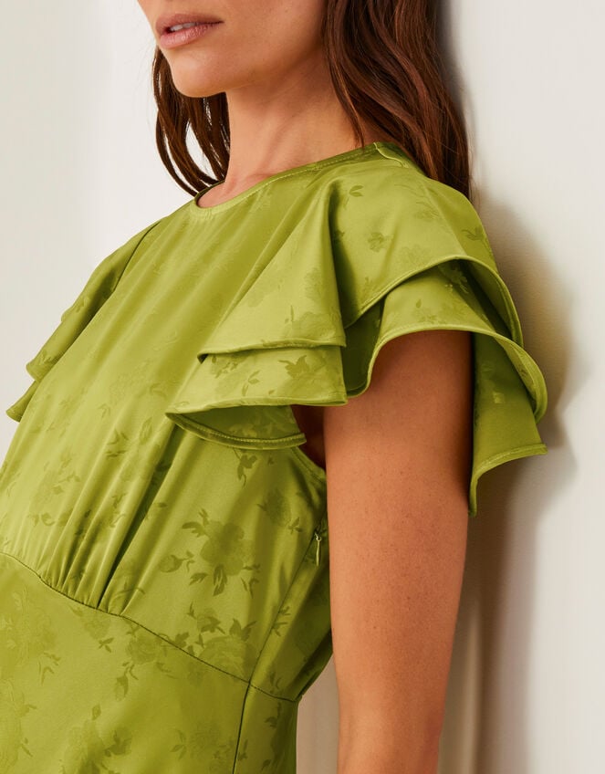 Ester Satin Ruffle Midi Dress, Green (OLIVE), large