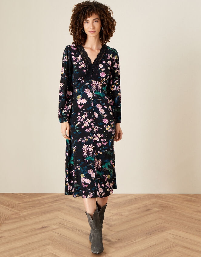 Print Lace Midi Dress with LENZING™ ECOVERO™, Black (BLACK), large