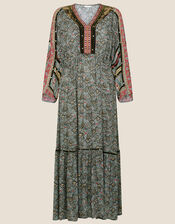 Heritage Print Velvet Trim Dress , Green (KHAKI), large