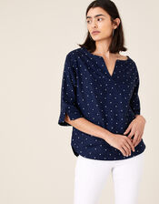 Spot Print Top in Pure Linen, Blue (NAVY), large