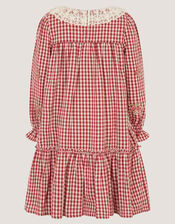 Lace Collar Embroidered Gingham Dress, Red (BURGUNDY), large