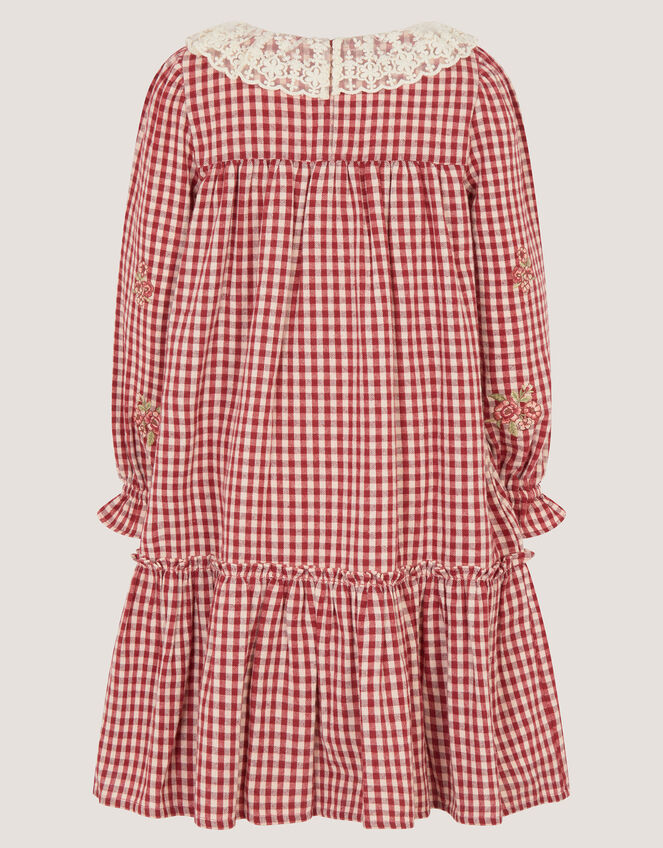 Lace Collar Embroidered Gingham Dress, Red (BURGUNDY), large