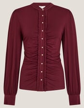 Jayne Ruched Frill Jersey Blouse, Red (BURGUNDY), large