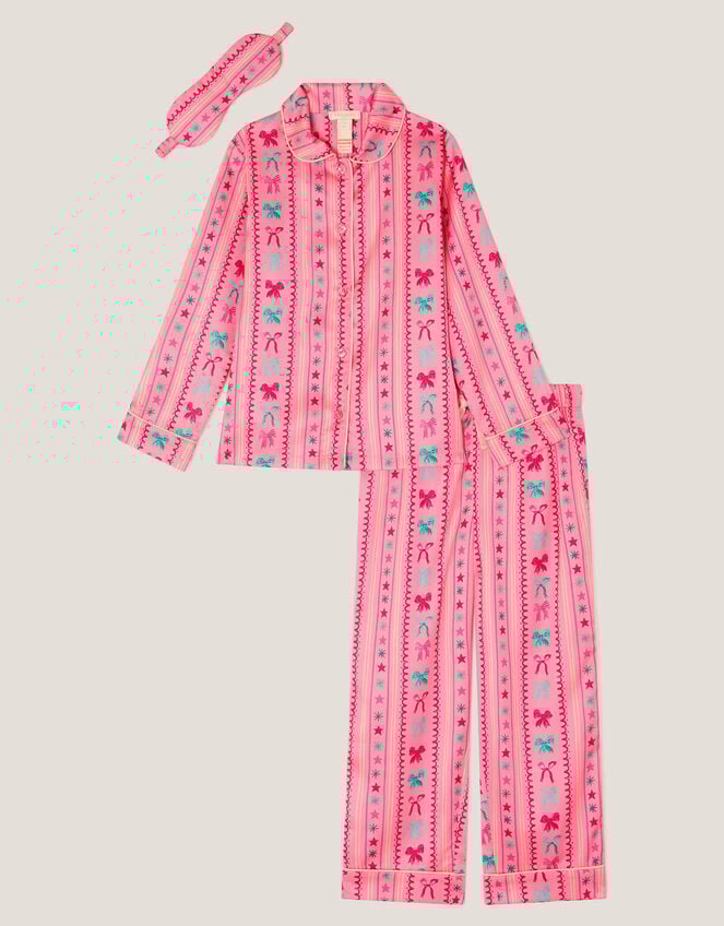 Bow Print Satin Long Pyjamas & Sleep Mask Set, Pink (PINK), large
