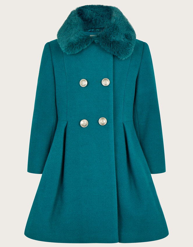 Double Breasted Skirted Coat with Faux Fur Collar, Teal (TEAL), large