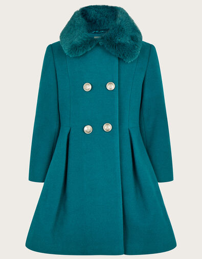 Double Breasted Skirted Coat with Removable Fur Collar Teal, Teal (TEAL), large
