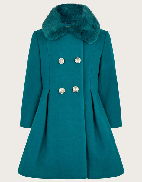 Double Breasted Skirted Coat with Faux Fur Collar Teal, Teal (TEAL), large