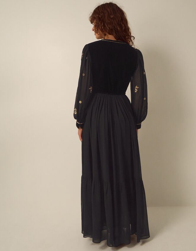 Ella Floral Embellished Velvet Maxi Dress, Black (BLACK), large